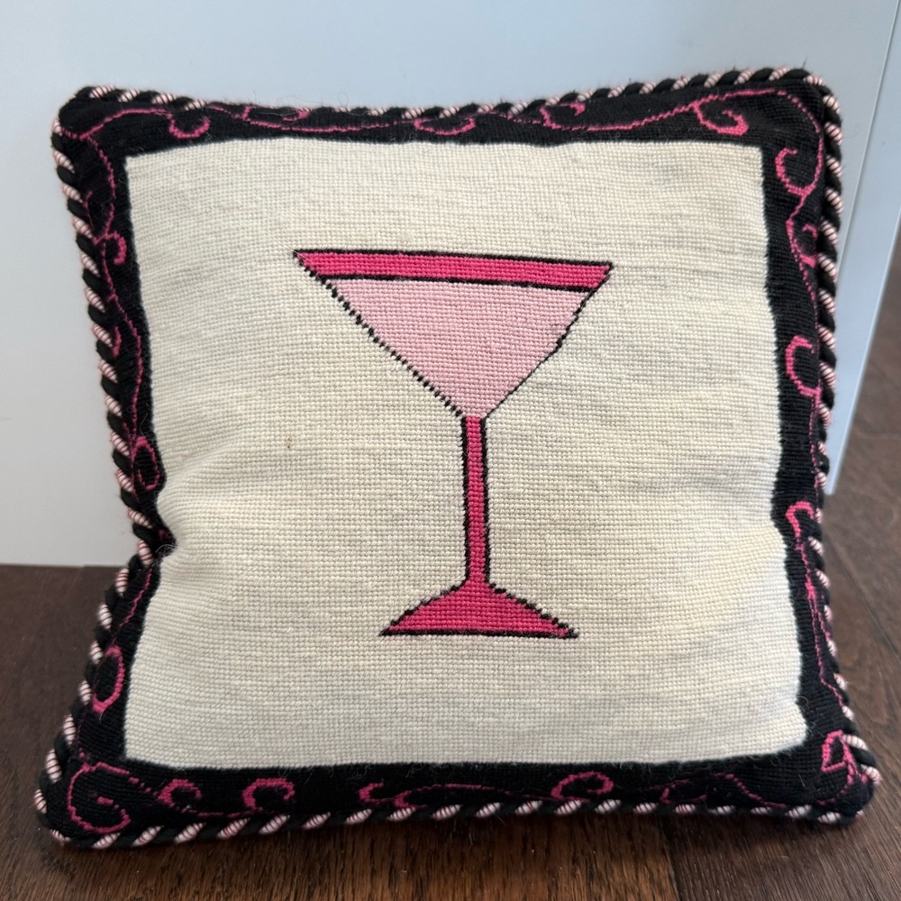 Mini Needlepoint Martini Glass Pillow Princess Pink Velvet Back Decorative Throw